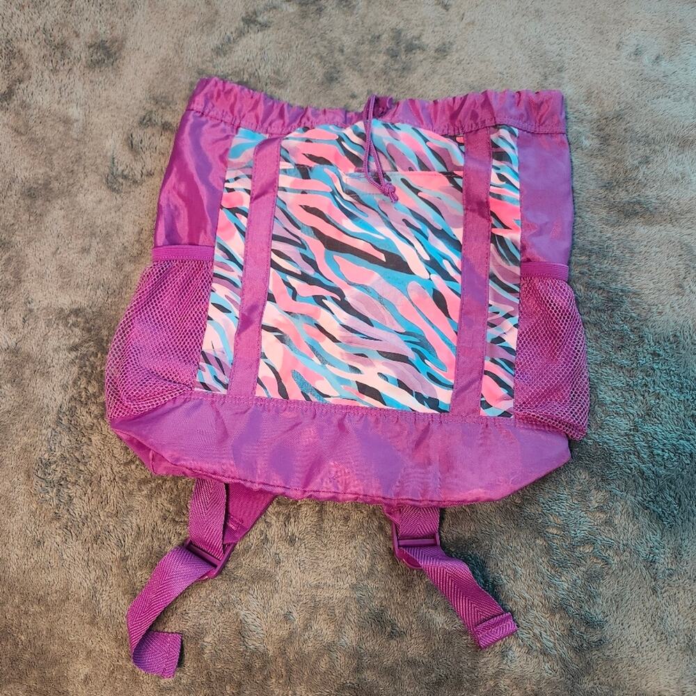 Purple and Pink Zebra Print Lightweight Drawstring Backpack EUC